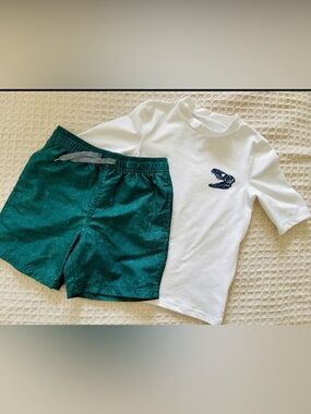 Cat & Jack Teal Green Elastic Waist Swim Shorts & Swim Shirt(boys 6/7)